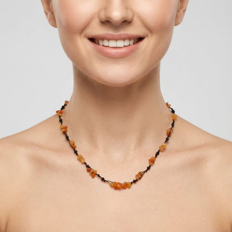 colier handmade agat portocaliu bumbac impletit