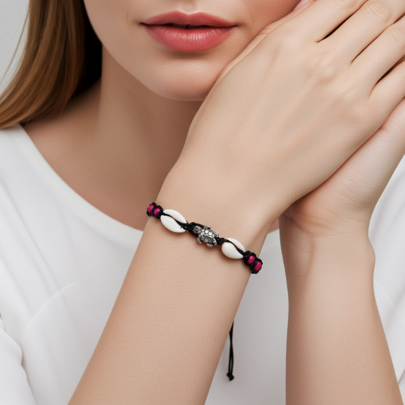 bratara handmade bumbac impletit scoica piatra rosie