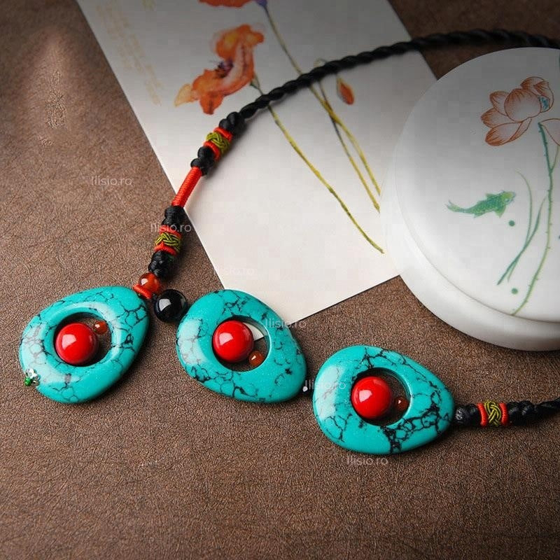 Colier handmade, cu pietre semipretioase, de Agat Turcoaz si Rosu