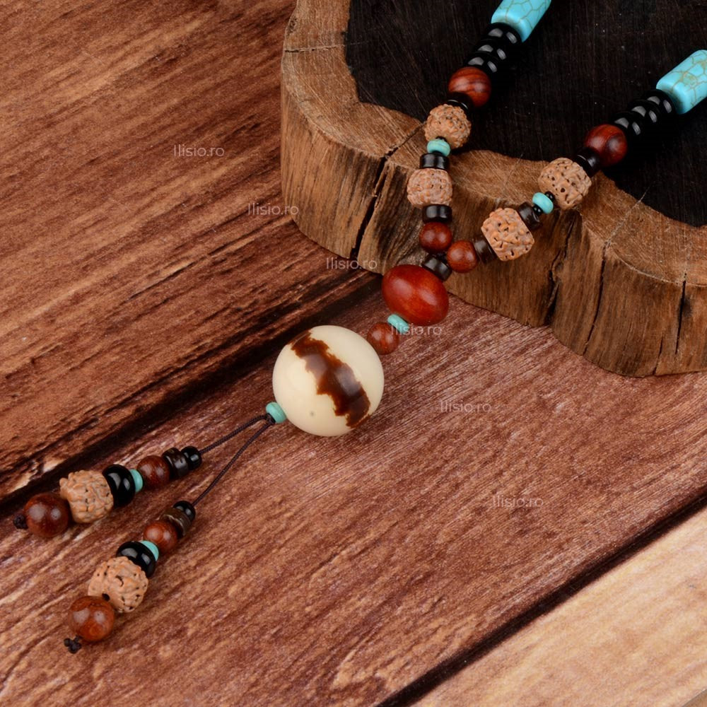 Colier handmade, din lemn de santal si Agat Turcoaz - Ilisio.ro