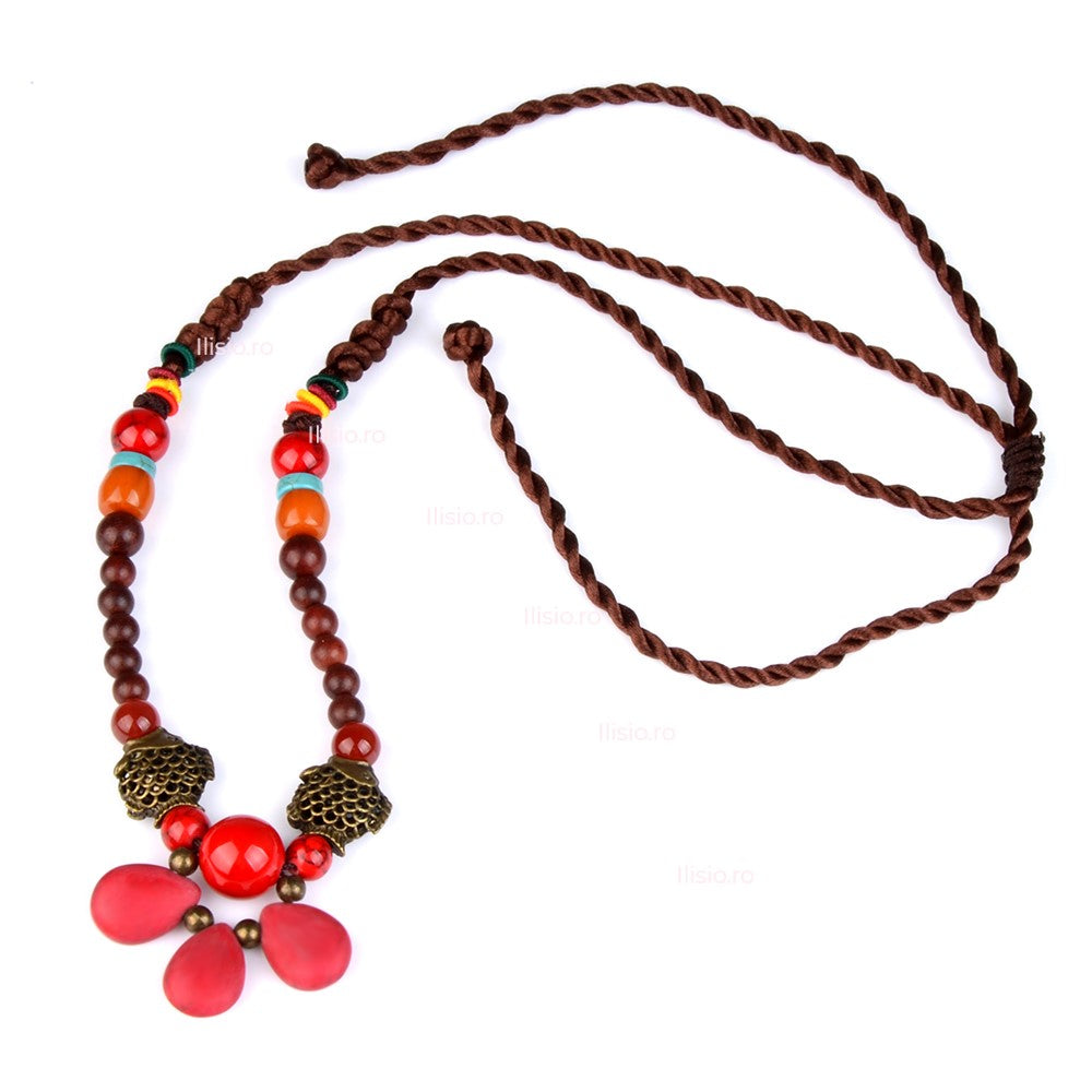 Colier handmade, din lemn de santal, cu pietre semipretioase de Agat Rosu