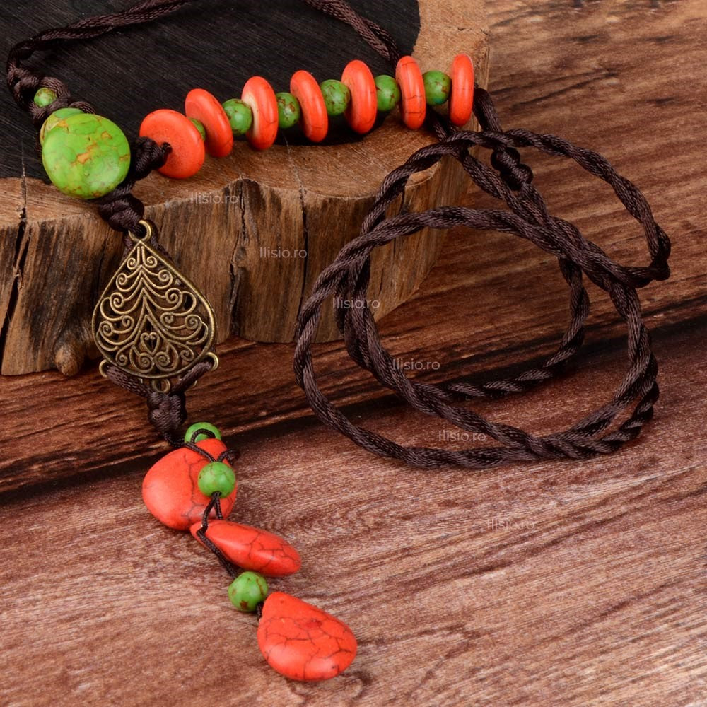 Colier handmade, cu pietre semipretioase de Agat Verde si Rosu