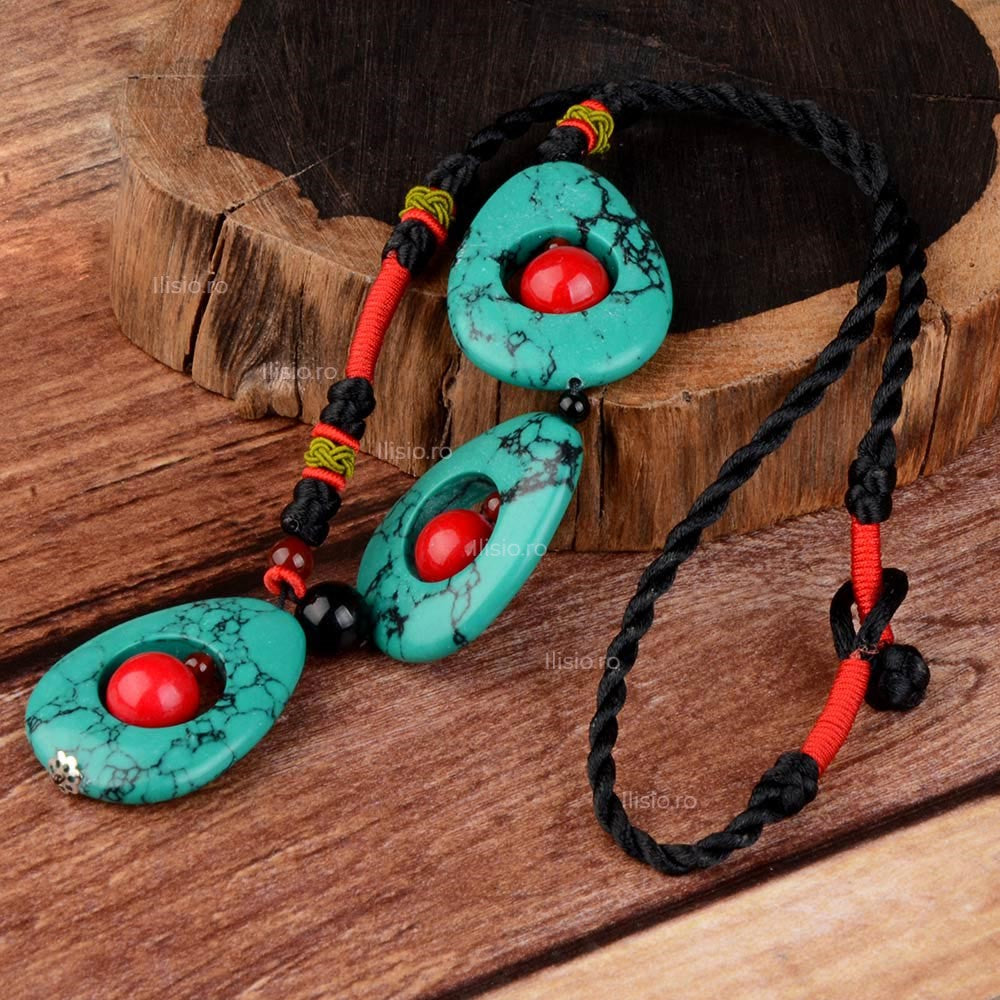 Colier handmade, cu pietre semipretioase, de Agat Turcoaz si Rosu