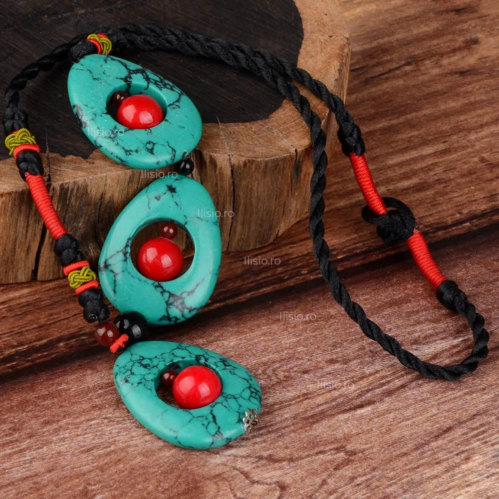 Colier handmade, cu pietre semipretioase, de Agat Turcoaz si Rosu