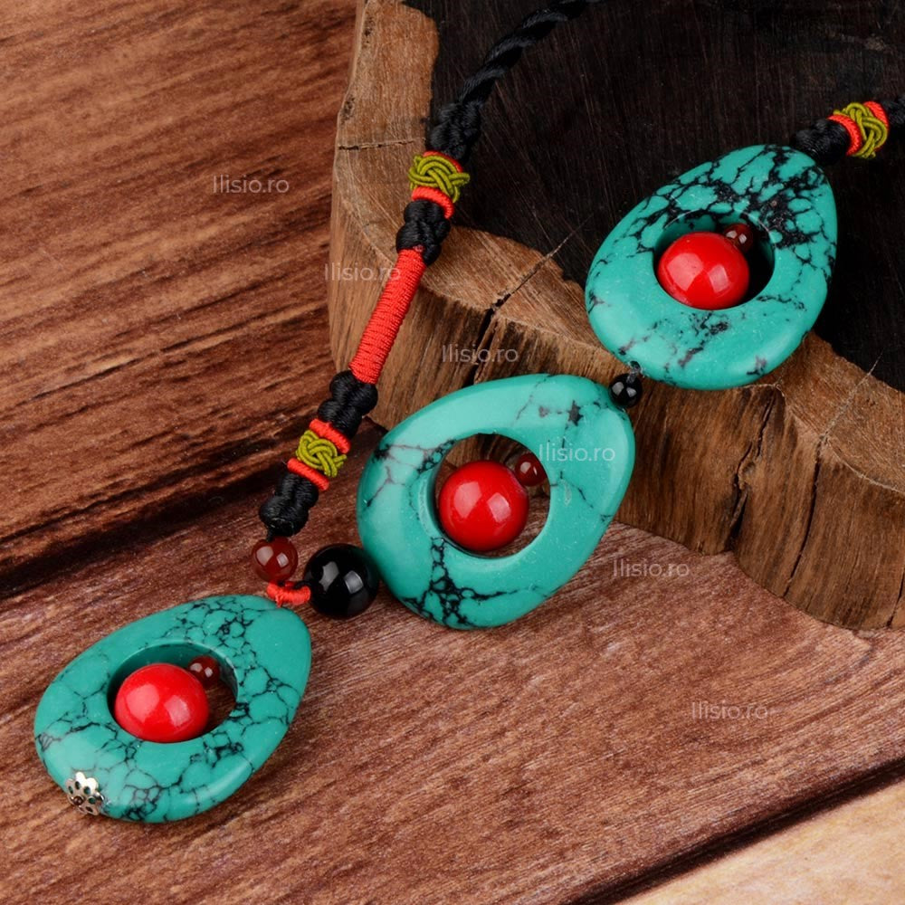 Colier handmade, cu pietre semipretioase, de Agat Turcoaz si Rosu