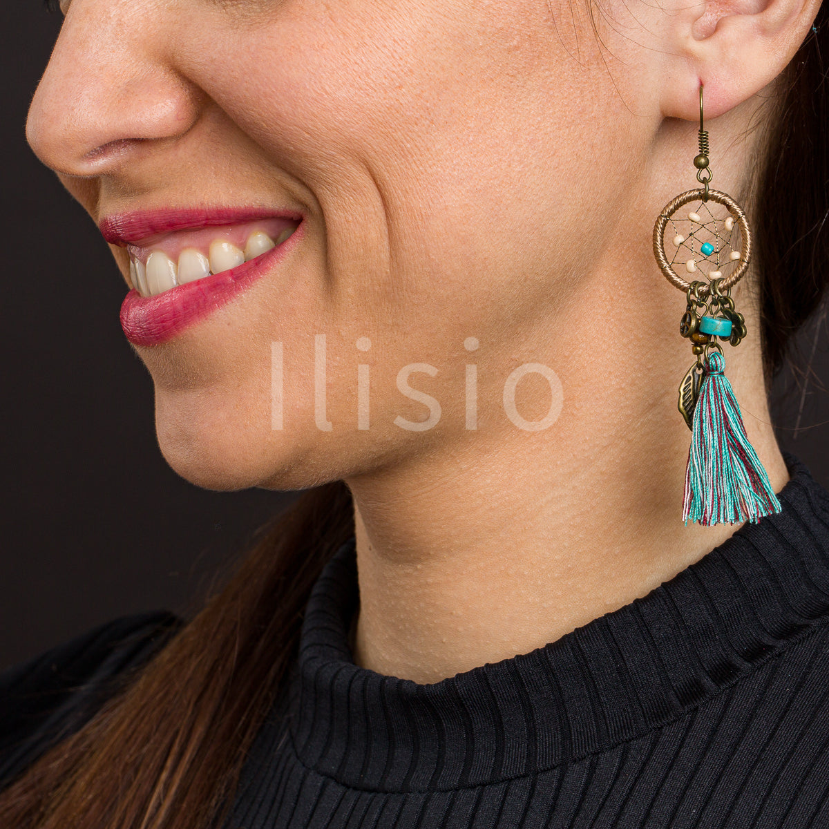 Cercei lungi, din mătase, cu pietre semipretioase de Agat Turcoaz - Ilisio.ro