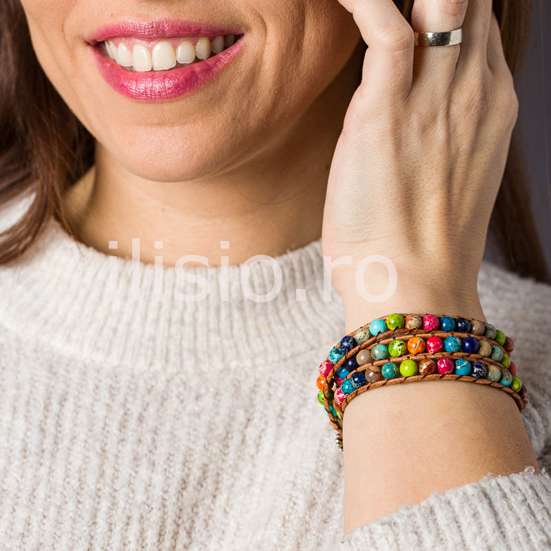 Bratara handmade pentru femei, din pietre semipretioase rotunde de Jasp multicolor - Ilisio.ro