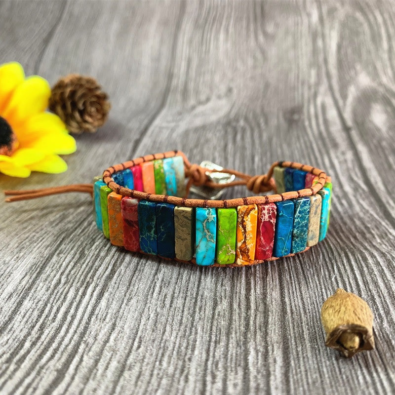 Bratara handmade chakra, cu pietre semipretioase de Jasp multicolor - Ilisio.ro