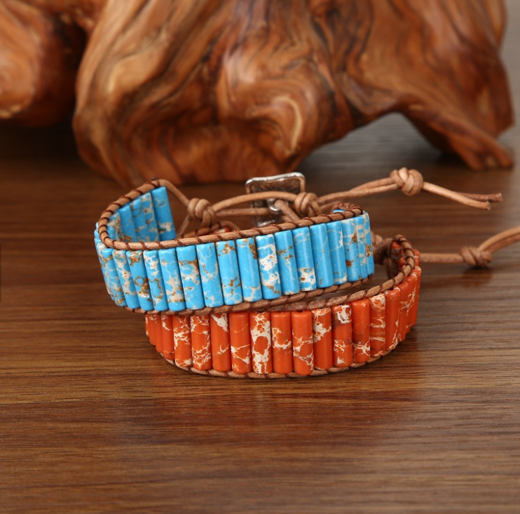 Bratara handmade, cu pietre semipretioase de Jasp Turcoaz si Portocaliu - Ilisio.ro