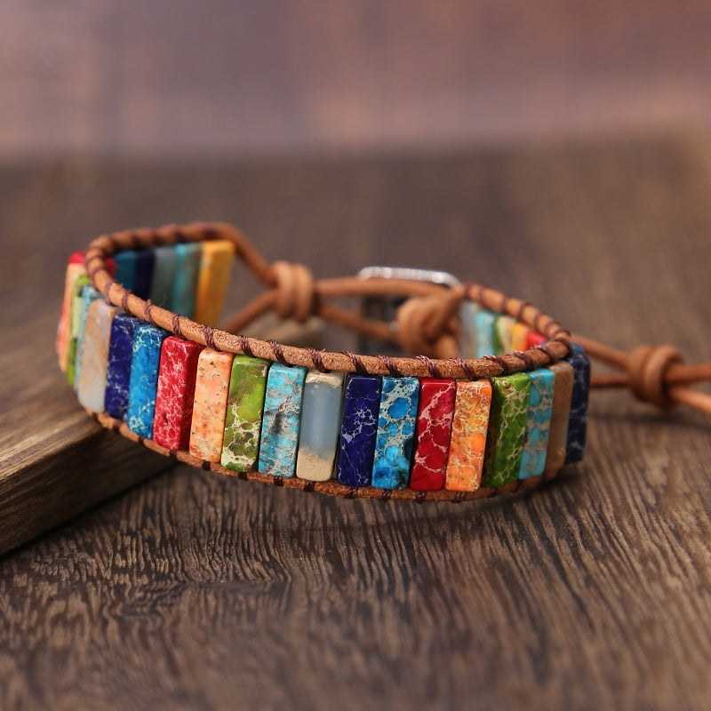 Bratara handmade chakra, cu pietre semipretioase de Jasp multicolor - Ilisio.ro