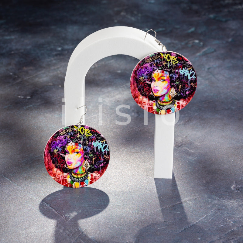 Cercei rotunzi din lemn cu model etnic