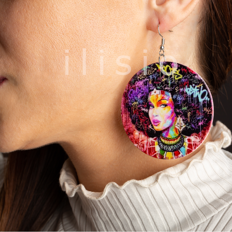 Cercei rotunzi din lemn cu model etnic