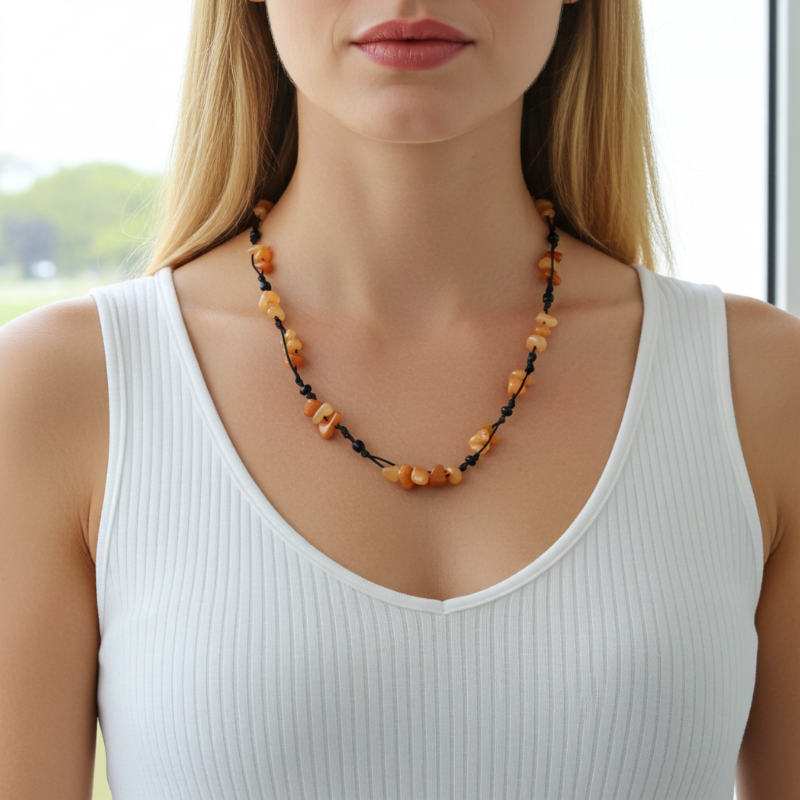 colier handmade agat portocaliu bumbac impletit