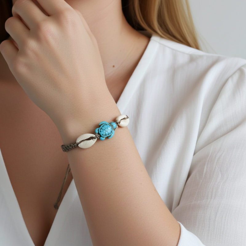 bratara handmade bumbac scoica pandantiv turcoaz broasca testoasa