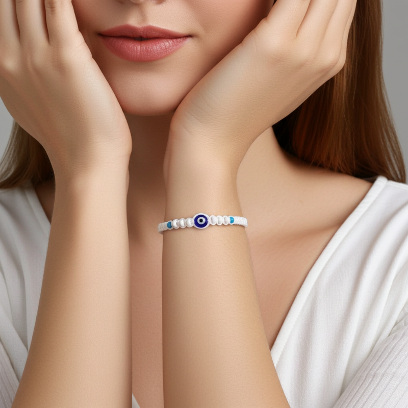 bratara handmade bumbac alb impletit piatra turcoaz